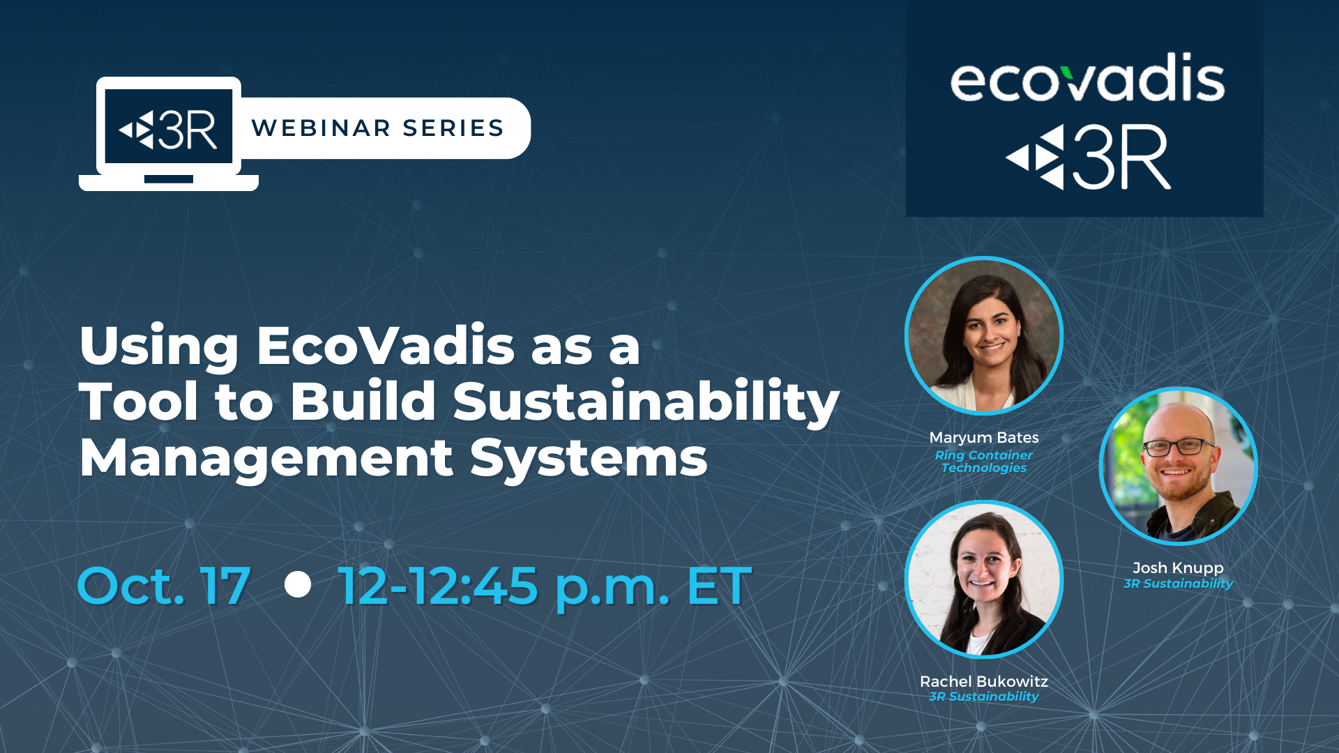 The image is a promotional graphic for a webinar hosted by 3R Sustainability and EcoVadis. The title of the webinar is 